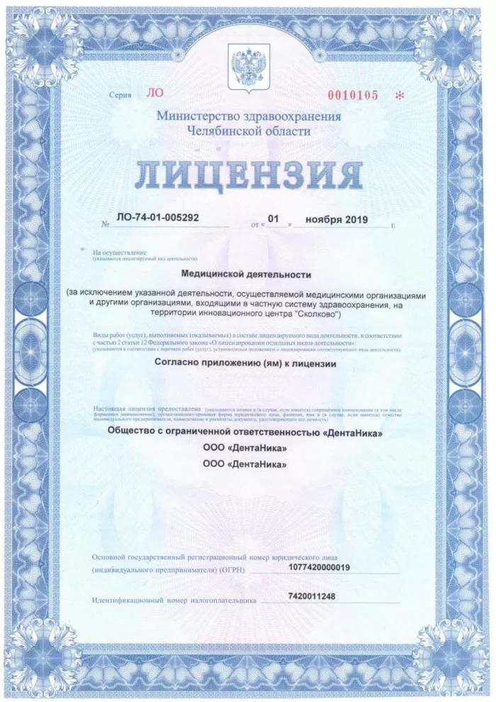 Лицензия на медицинскую деятельность - ООО "ДентаНика" - Стоматологический центр - Чебаркуль