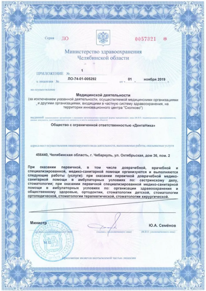 Лицензия на медицинскую деятельность - ООО "ДентаНика" - Стоматологический центр - Чебаркуль